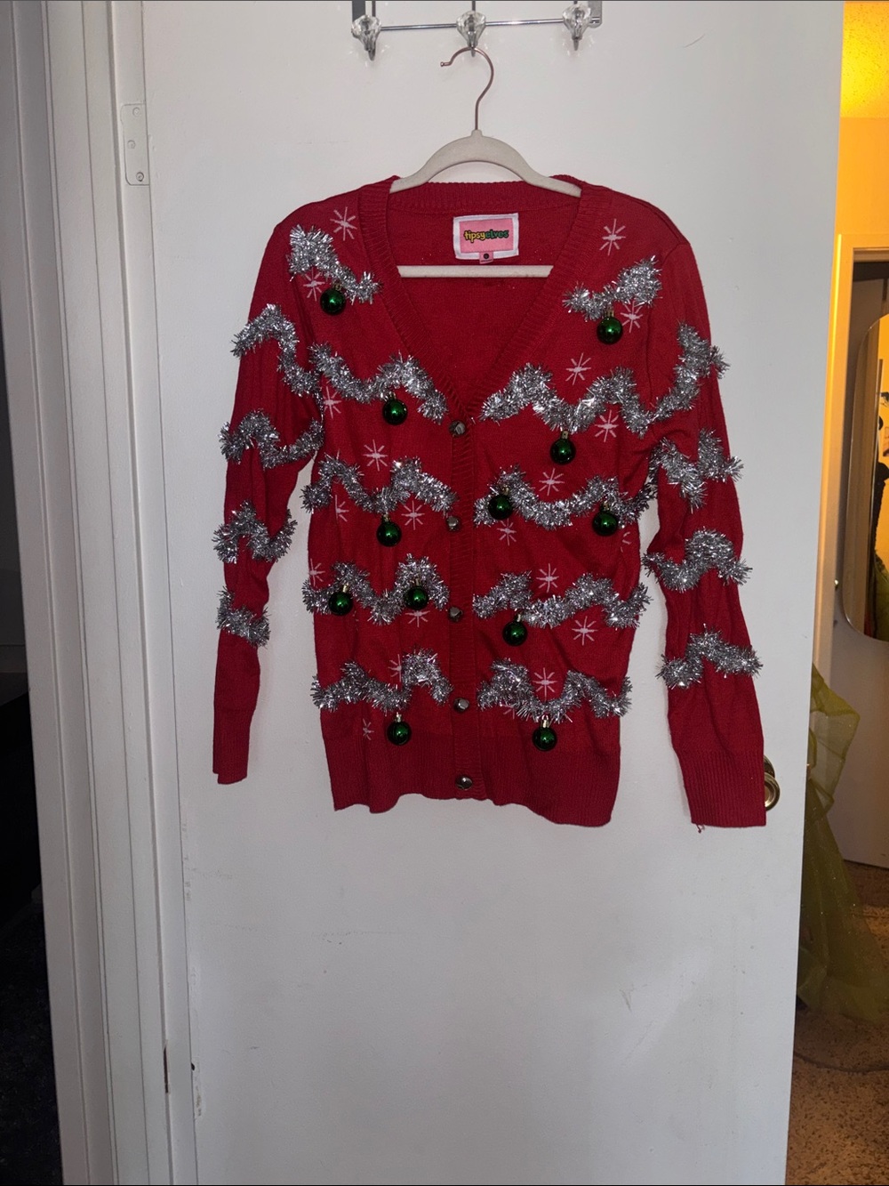 Tipsy Elves Red Tinsel Ornament Button-Up Cardigan